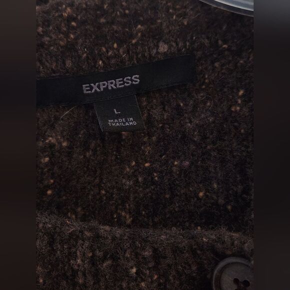 Express L Brown Beige Belt Knitted  WOOL Blend Longsleeve  Buttons Women Peacoat - Picture 3 of 11